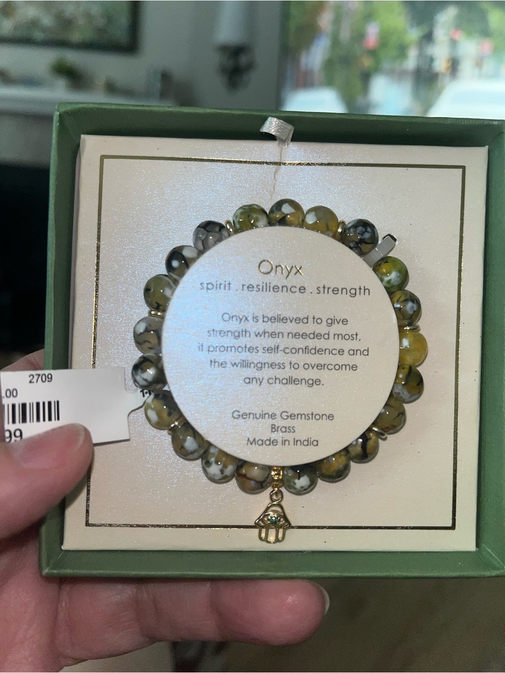 Shivam Onyx Beaded Stretch Bracelet with Hamsa Charm - Olive Green